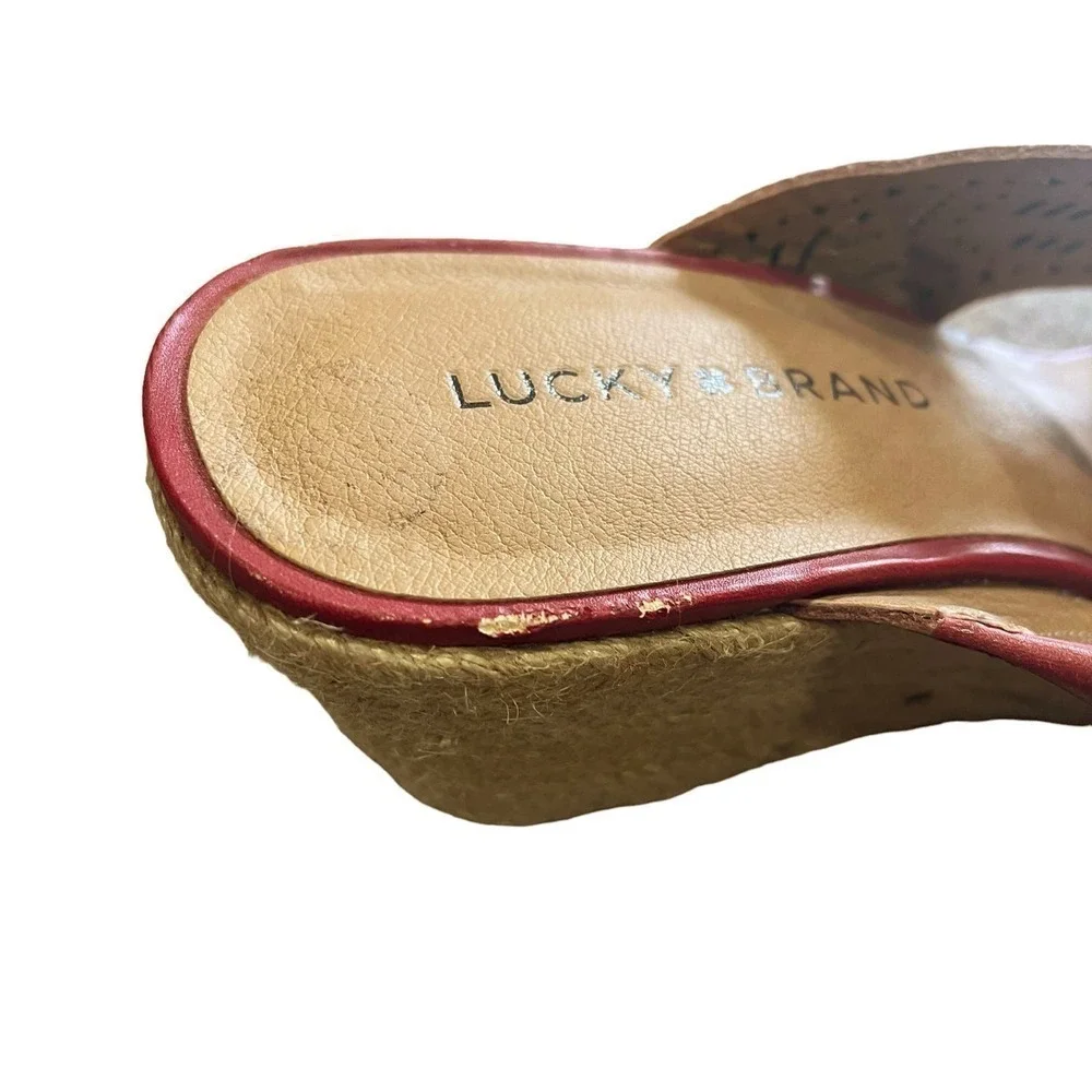 Lucky Brand NWOB Keela Rosewood Open Toe Leather Slip On Wedge Sandals Size 9.5